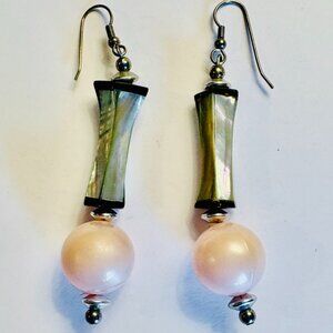 Vintage Iridescent Shell & Pink Pearl Dangle Earrings, 1960's